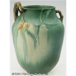 Roseville: A PINE CONE GREEN AMERICAN POTTERY VASE (Roseville)