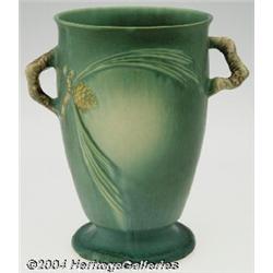 Roseville: A PINE CONE GREEN AMERICAN POTTERY VASE (Roseville)