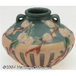 Roseville: A CHERRY BLOSSOM PINK AMERICAN POTTERY SQUAT VESSEL (Roseville)