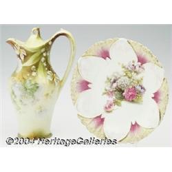 R.S. Prussia: A CONTINENTAL PORCELAIN PLATE AND LIDDED CHOCOLATE POT (R. S. Prussia)