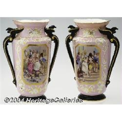 Meissen: A PAIR OF FRENCH HANDLED PORCELAIN VASES (Old Paris)