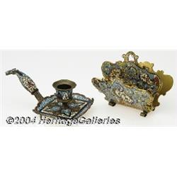A BRONZE AND CHAMPLEVE LETTER HOLDER AND CANDLE HOLDER