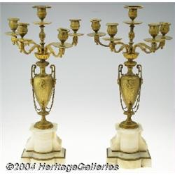 Royal Bonn: A PAIR OF EMPIRE STYLE MARBLE AND BRONZE FIVE-LIGHT CANDELABRAS