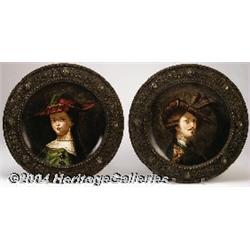 Mettlach: A PAIR OF CIRCULAR FRAMED FRENCH PORCELAIN PLAQUES (France)