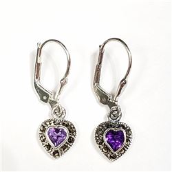 52) STERLING SILVER AMETHYST MARCASITE EARRINGS