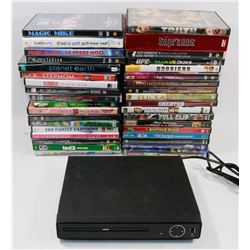 BOX OF DVDS SOLD WITH A DVD PLAYER