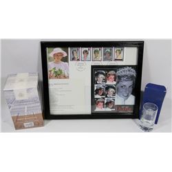 LOT LADY DIANA  AND ALTHORP STAMPS TEA'S, GLASS