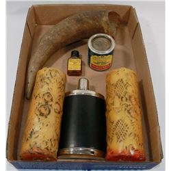 ESTATE BOX OF 2 CARVED CANDLES, FLASK, SMALL