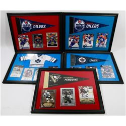 LOT OF 5 FRAMED CARD PICTURES INCL EDMONTON OILERS