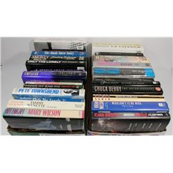2 BOXES OF ASSORTED MUSIC BIOGRAPHY BOOKS.