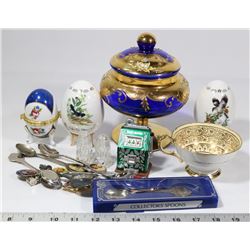 BOX OF PORCELAIN SONGBIRD EGGS, SALT & PEPPER,