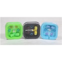 LOT OF 3 NEW EARBUDS WITH EXTRA ENDS IN CASE