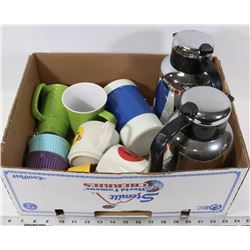 LOT OF 2 COFFEE CARAFES, ASSORTED MUGS AND MORE