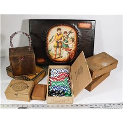 7 CIGAR BOXES, LEATHER CLAD AND ONE FULL OF POKER