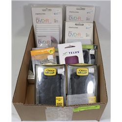 BOX WITH MINI DVR, ASSORTED CASES AND MORE