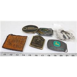 LOT OF 5 BELT BUCKLES AND LEATHER WALLET.