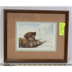 SIGNED INUIT PRINT BY BREEN "UNTANGLING THE DOG