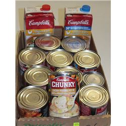 FLAT OF ASSORTED CAMPBELLS SOUPS & CHICKEN BROTH