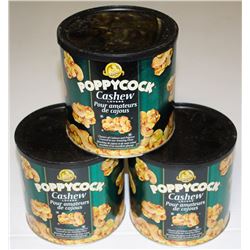 3 TINS OF POPPYCOCK CASHEW AND POPCORN CLUSTERS