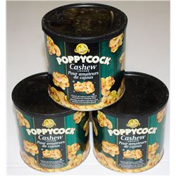 3 TINS OF POPPYCOCK CASHEW AND POPCORN CLUSTERS