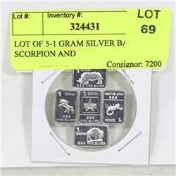 LOT OF 5-1 GRAM SILVER BARS INCL. SCORPION AND
