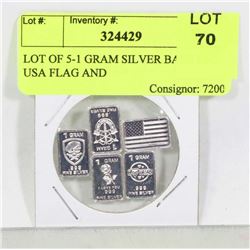 LOT OF 5-1 GRAM SILVER BARS INCL USA FLAG AND