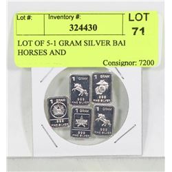 LOT OF 5-1 GRAM SILVER BARS INCL HORSES AND