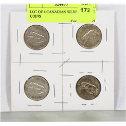 LOT OF 4 CANADIAN SILVER 25 CENT COINS