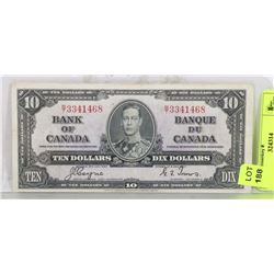 1937 CANADIAN $10.00 BANK NOTE.