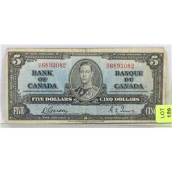 1937 CANADIAN $5.00 BANK NOTE.