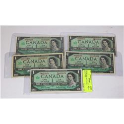 LOT OF FIVE 1967 CANADIAN $1.00 BANK NOTE.