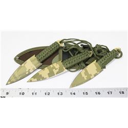 LOT OF 3 CAMO THROWING KNIVES W/ SHEATH