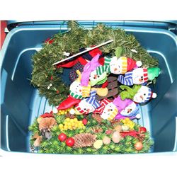 TOTE OF CHRISTMAS ORNAMENTS AND WREATHS