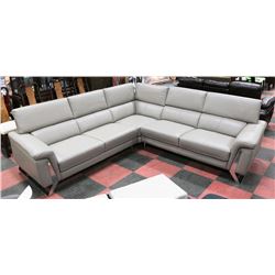 GREY LEATHERETTE LIFT BACK SECTIONAL, 100"X102"