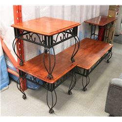 WROUGHT IRON COFFEE TABLE, 2 END TABLES AND