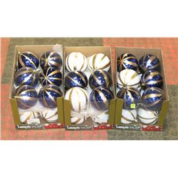 3 BOXES OF BLUE AND WHITE CHRISTMAS ORNAMENTS