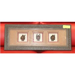 3 FRAMED SMILING BUDDHA'S FIGURES IN A SHADOW BOX