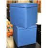 Image 1 : PAIR OF SHOWHOME BLUE FABRIC STORAGE OTTOMANS