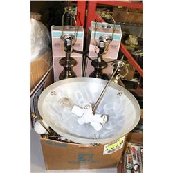 BOX OF 6 LAMPS INCL 4 NEW AND 2 VINTAGE, 1 HANGING