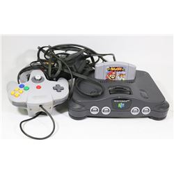 NINTENDO 64 WITH 2 CONTROLLERS, CORDS, AND 1 GAME.