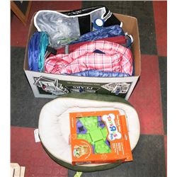 BOX OF ASSORTED DOG JACKETS, BOOTS, TREAT PUZZLE