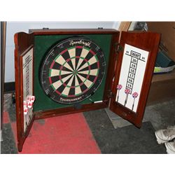 DART BOARD WITH CABINET AND DARTS