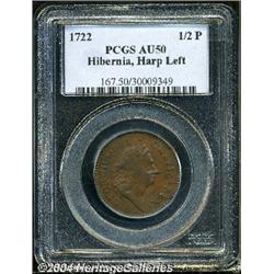 1722[1/2P] Hibernia Halfpenny, Type One, Harp Left AU50 PCGS.