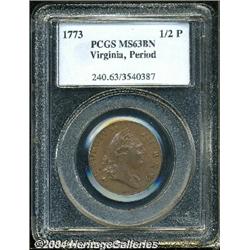 1773[1/2P] Virginia Halfpenny, Period MS63 Brown PCGS.