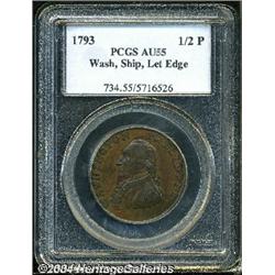 1793[1/2P] Washington Ship Halfpenny, Copper, Lettered Edge AU55 PCGS.