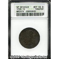 1793[1C] Wreath Cent--Vine and Bars--Corroded--ANACS. VF Details, Net VG8.