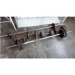 LOT OF DUMBELLS AND WEIGHTS AND BARS