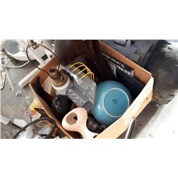 MISC BOX OF CERAMIC CAT, FOOD SEALER AND OTHER HOUSEHOLD ITEMS