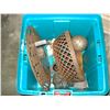 Image 2 : TOTE WITH DECORATIVE CAST IRON AND ANTIQUE IRONS AND TRIVETS