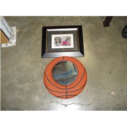 FRAMED BASKETBALL MIRROR AND PICTURE OF STAATUE IN BLACK FRAME